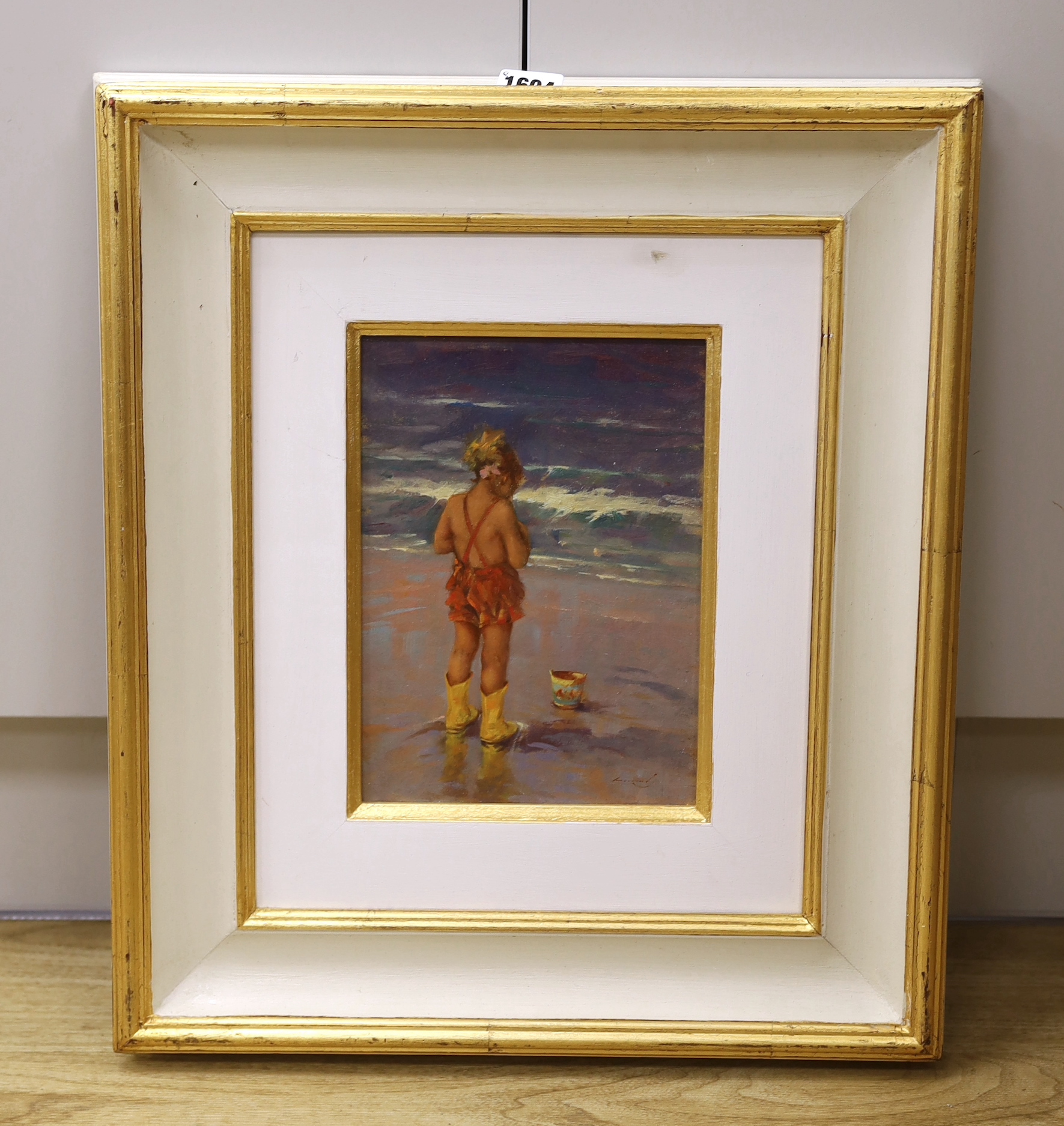 Ken Moroney (1949-2018), oil on wooden panel, Child on the seashore, signed, 24.5 x 17cm